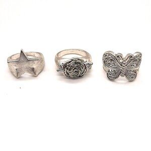 Urban Outfitters 3 Silver Tone Rings Star Rose Butterfly sz 7 Y2K layers whimsy